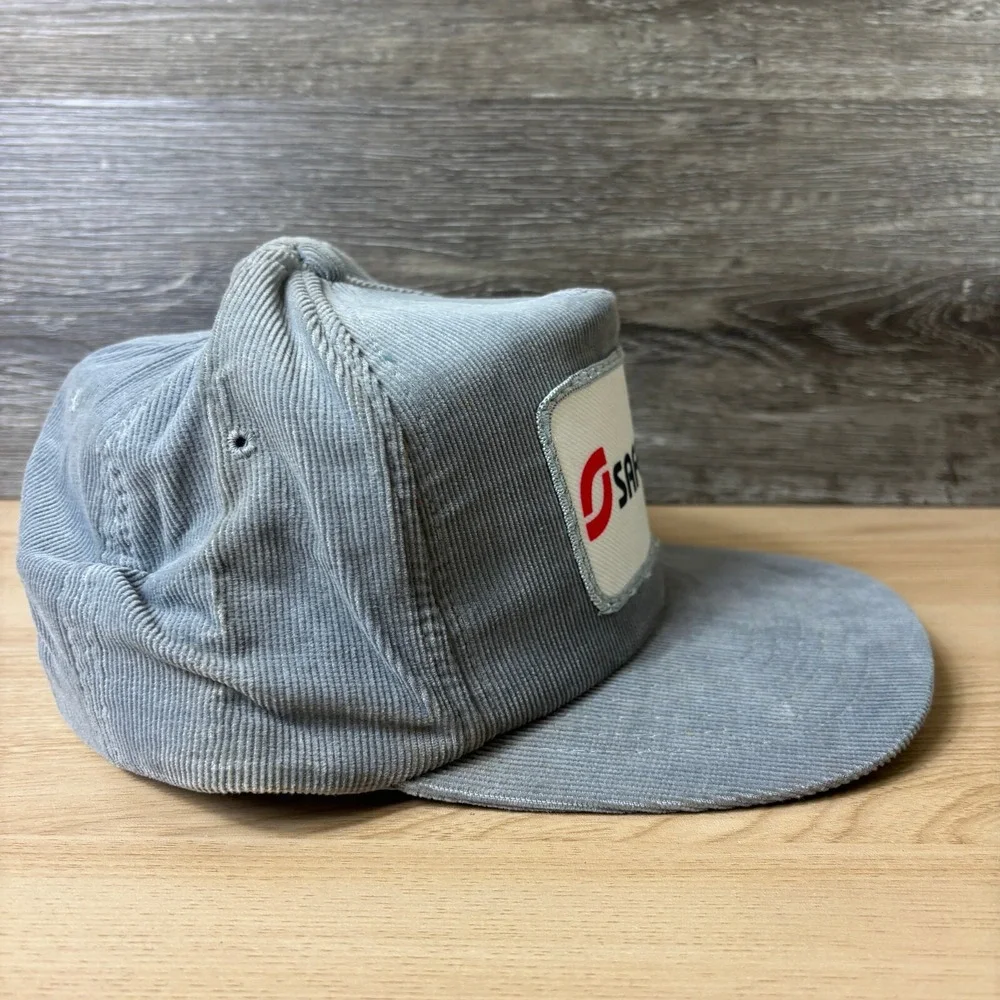 Vintage Safmatic Hat Cap Snap Back Gray Corduroy Patch Logo Adjustable